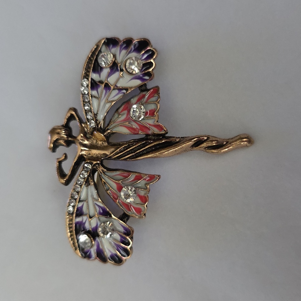 Fairy Brooch Beautiful WINGS Antique Gold Enamel Colors Necklace Combo